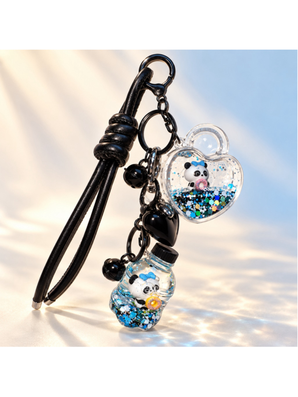 Panda Glitter Shaker Bag Charm Heart Bottle Black Wristlet Keychain